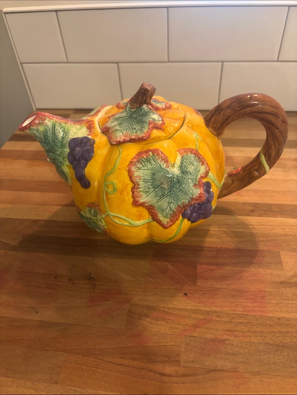 Nantucket Hand-Painted Yellow Pumpkin Teapot with Grape Motif